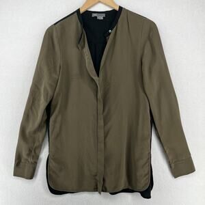 VINCE Top Women 8 Silk Crepe de Chine Colorblock Tunic Keyhole Long Sleeve Black